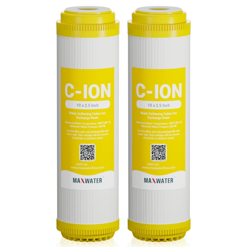 Max Water ماكس ووتر 10" × 2.5" خرطوشة مياة ناعمة من راتنج الكاتيون، متوافقة مع AF-10-3003، WS-10، UDF-10C100E، 155319-43 وجميع أنظمة تصفية المياه المنزلية القياسية 10 بوصة (عبوة 2)  - Image 1